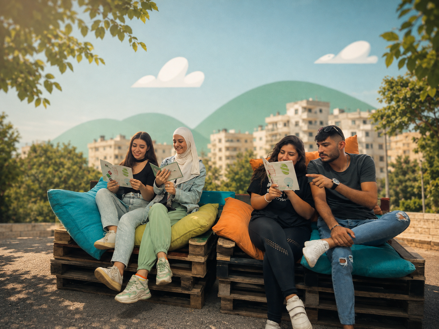 Four young people sitting on blue and orange cushions atop wooden pallets outdoors, reading YARD program materials.